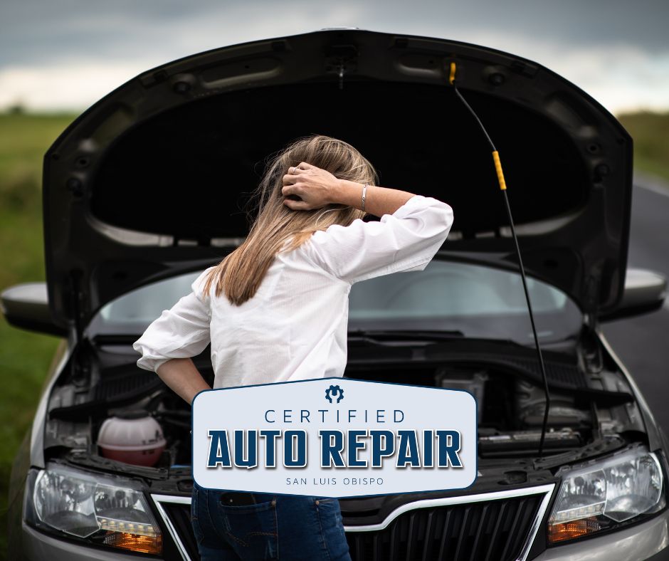 Stressed woman standing in front of a car with the hood open.